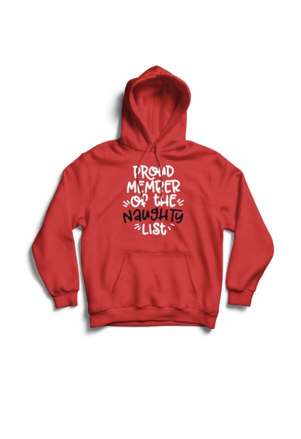 a Christmas-themed red hoodie