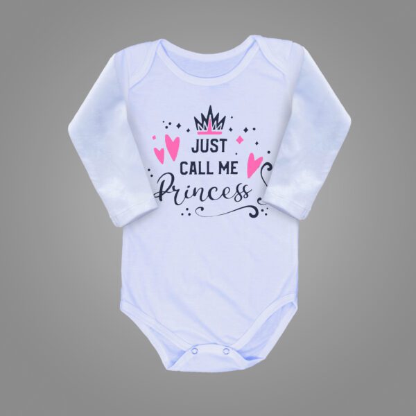 white baby bodysuit with call me a Princess print