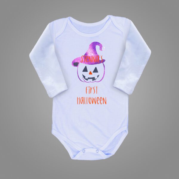 personalized white long-sleeved baby bodysuit