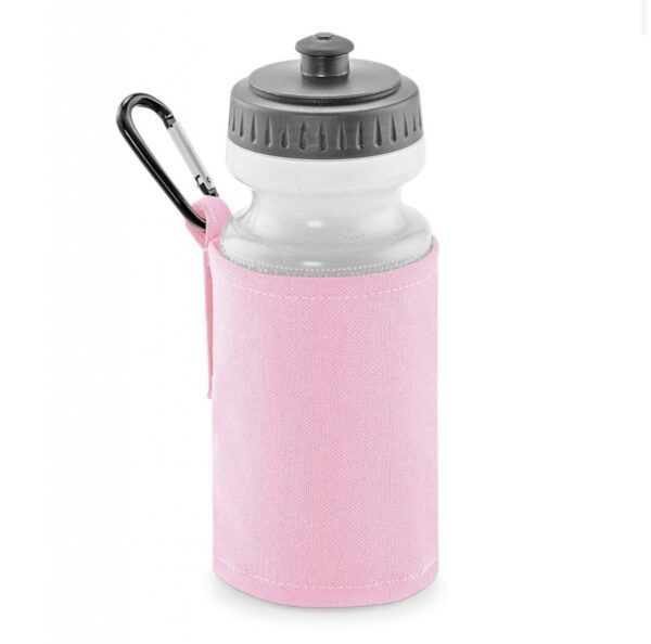 a water bottle in a pink holder