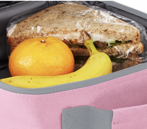 a sandwich, a banana, and an orange in a pink lunch bag